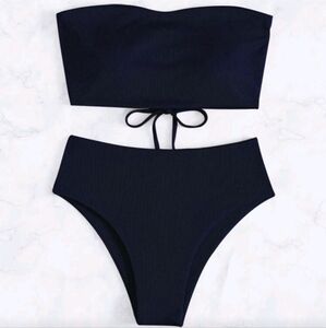NWOT Tie Back Bandeau 2 Piece Bikini Set, L (8-10), Navy Blue